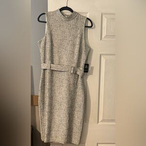 New Express Black and White Mock Neck Dress With Belt.